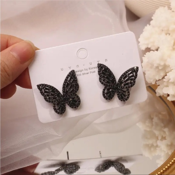 Butterfly earring ring 2PC set black cubic zirconia stone studs jewelry - Picture 2 of 2